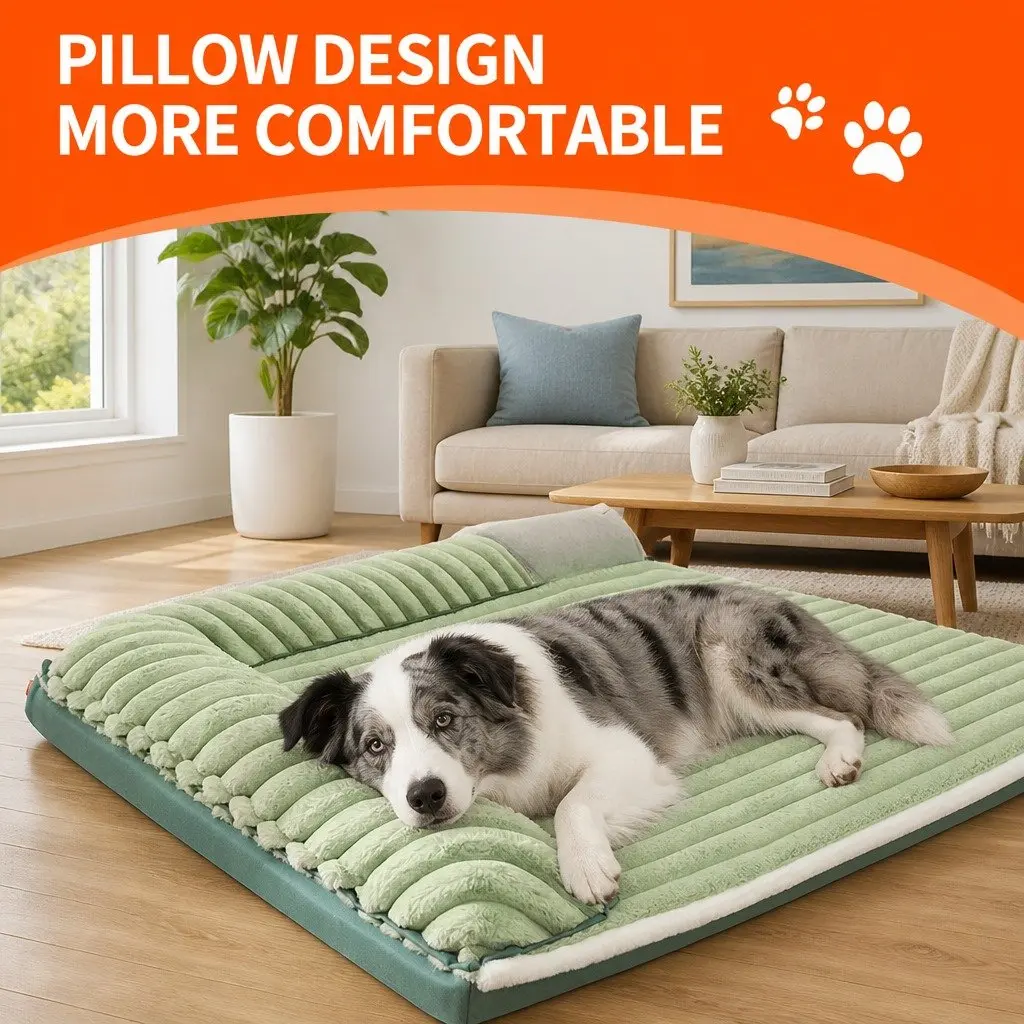 Striped Velvet Dog Bed Reversible Design Green Washable Pet Sleeping Mat Cushion