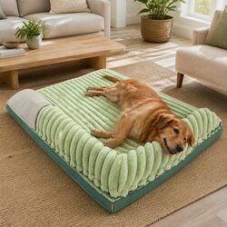 Luxurious Green Striped Velvet Dog Bed with Removable Cover