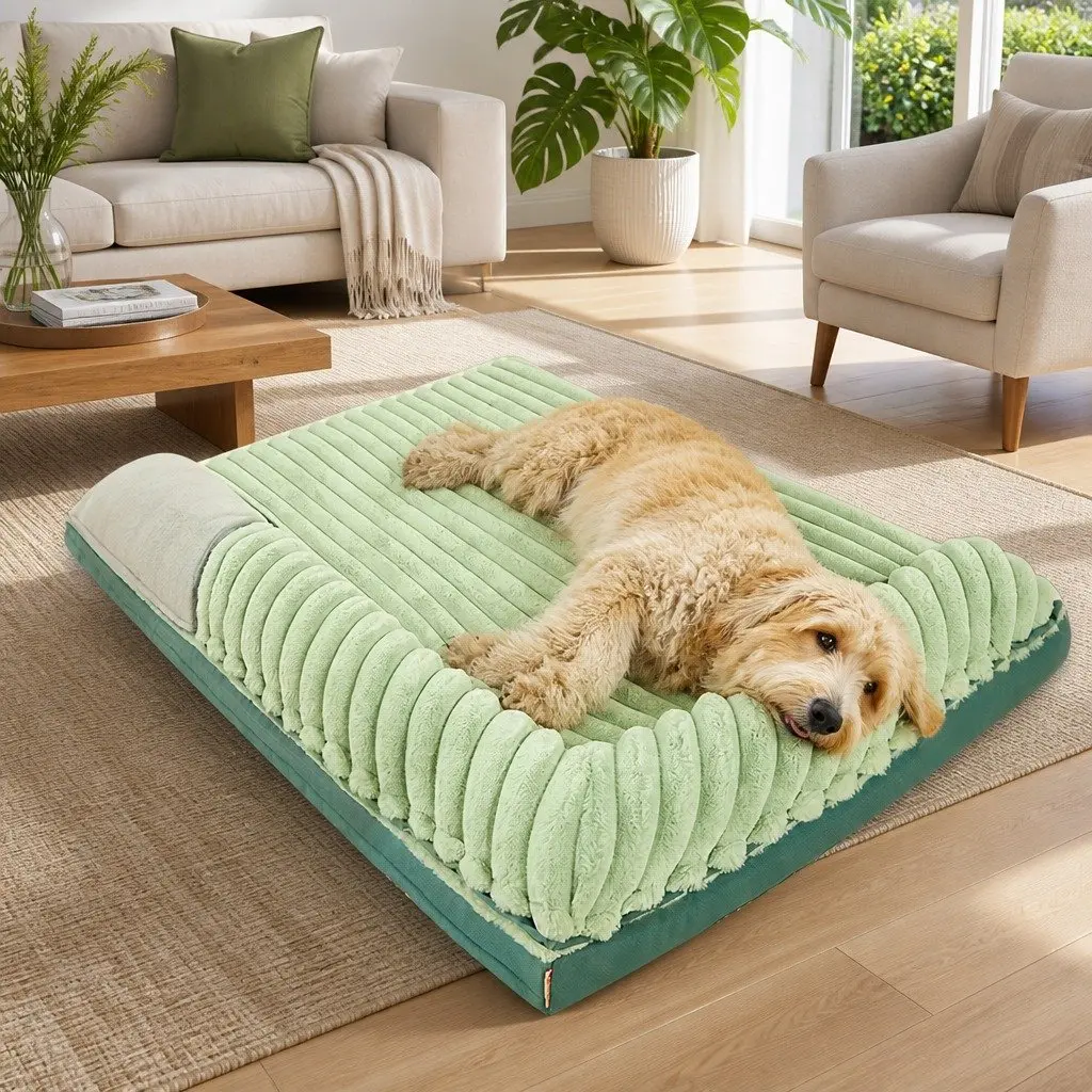 Dog Bed Velvet Green 120x90x15.5cm Striped Removable Washable Reversible Pet Cushion Comfort