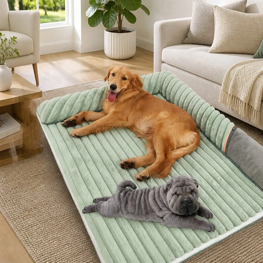 Dog Bed Velvet Green 120x90x15.5cm Striped Removable Washable Reversible Pet Cushion Comfort