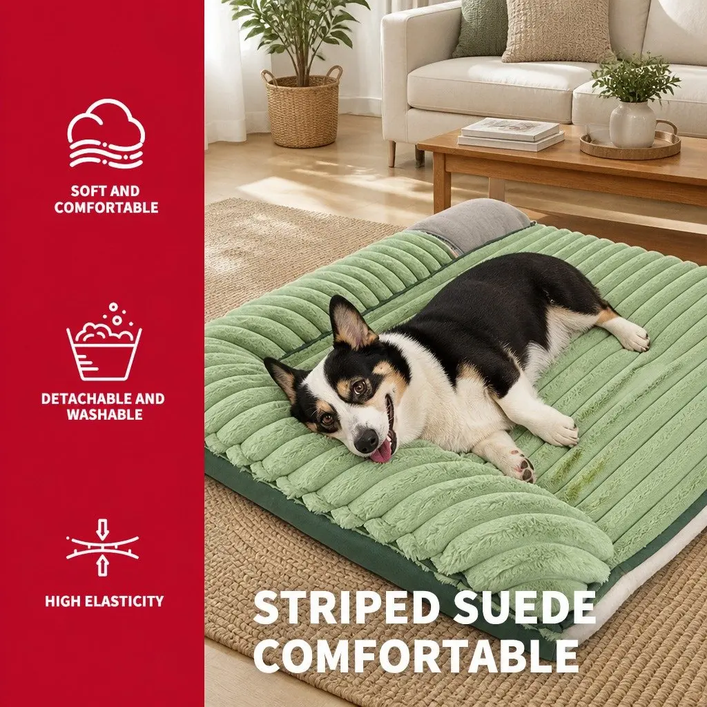 Dog Bed Velvet Green 120x90x15.5cm Striped Removable Washable Reversible Pet Cushion Comfort