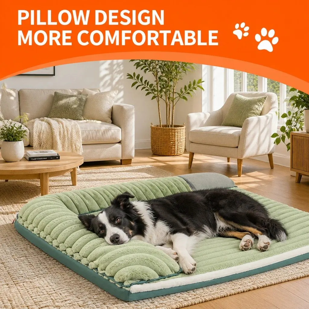 Dog Bed Velvet Green 120x90x15.5cm Striped Removable Washable Reversible Pet Cushion Comfort