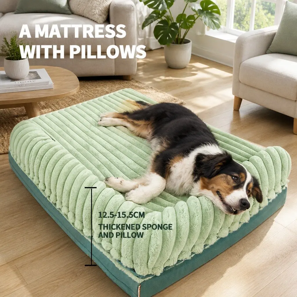 Dog Bed Velvet Green 120x90x15.5cm Striped Removable Washable Reversible Pet Cushion Comfort