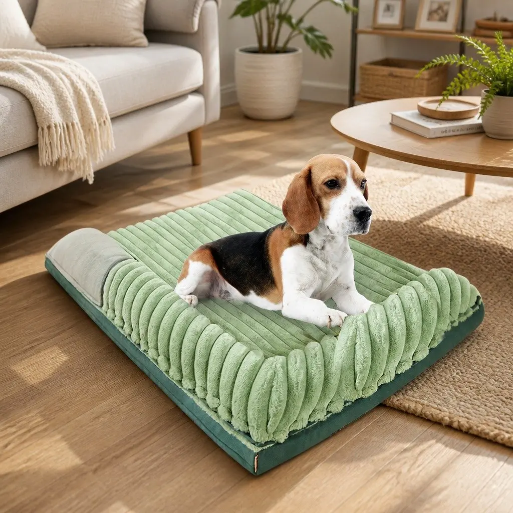 Striped Velvet Dog Bed Detachable Washable Reversible Dual-Sided Green Pet