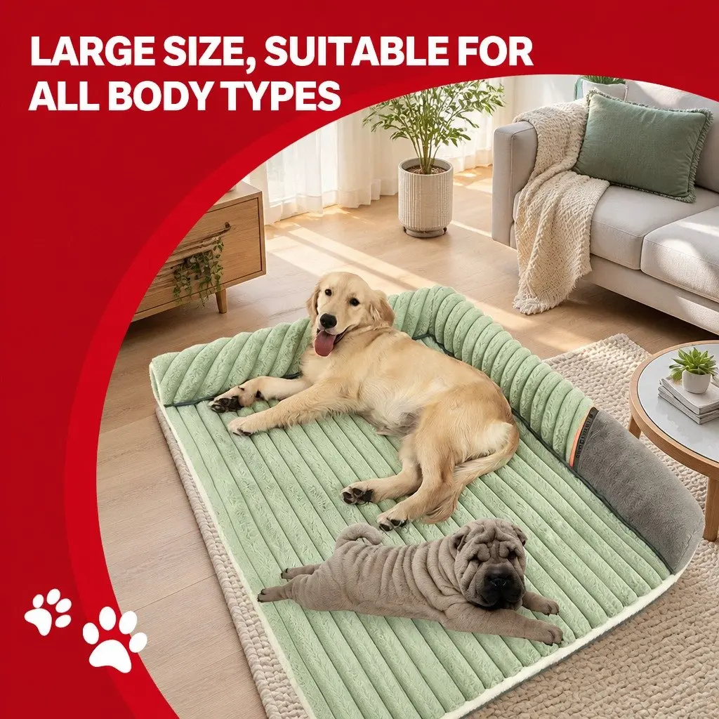 Striped Velvet Dog Bed Detachable Washable Reversible Dual-Sided Green Pet