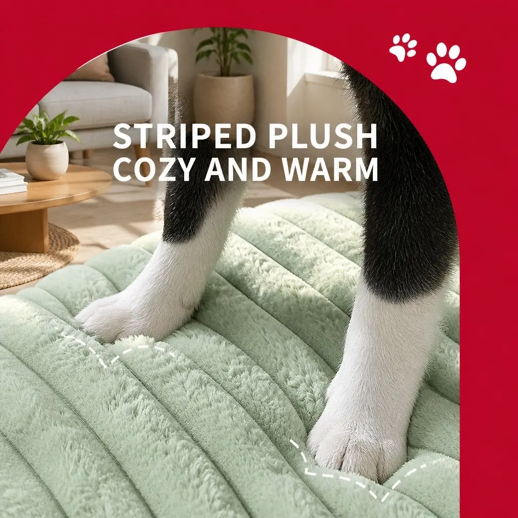 Striped Velvet Dog Bed Detachable Washable Reversible Dual-Sided Green Pet