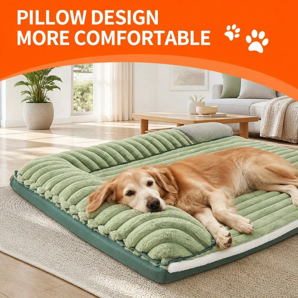 Striped Velvet Dog Bed Detachable Washable Reversible Dual-Sided Green Pet