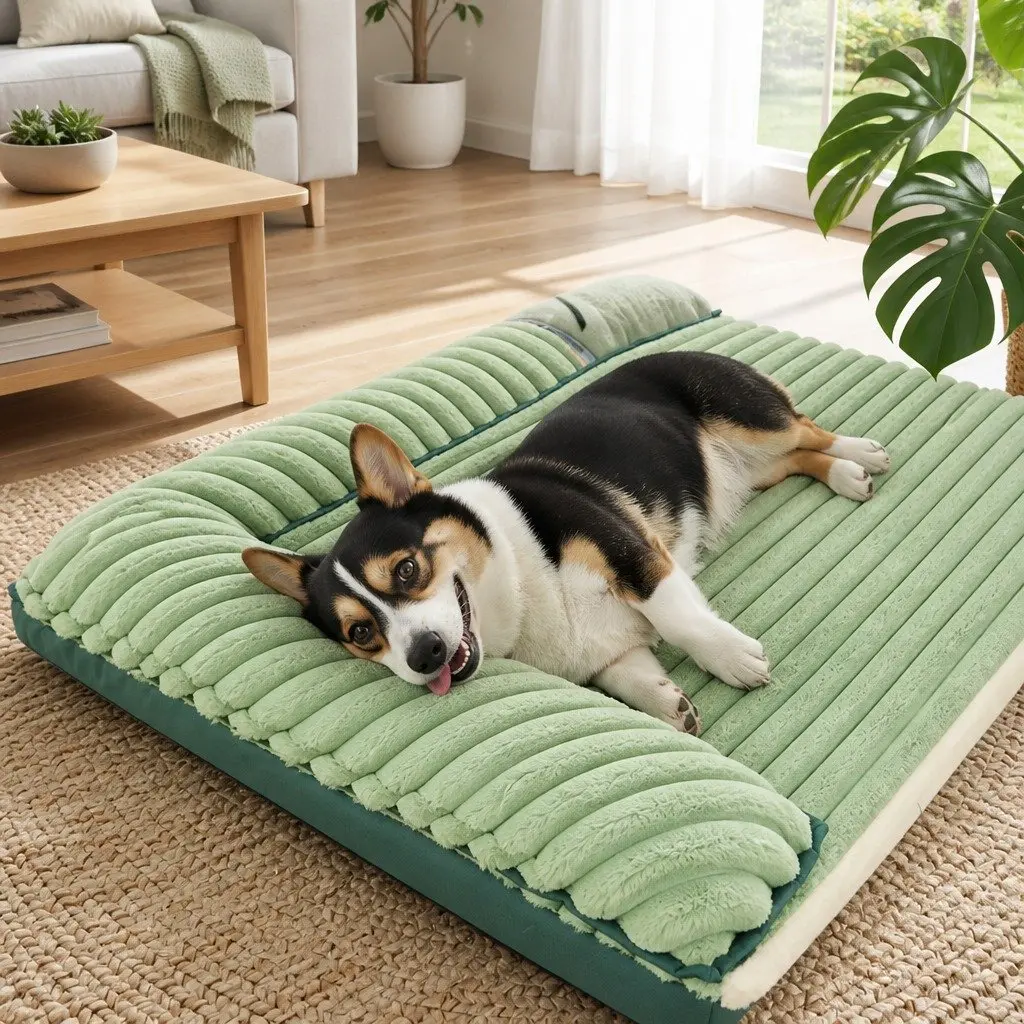 Striped Velvet Dog Bed Detachable Washable Dual-Sided Pet Cushion Mat