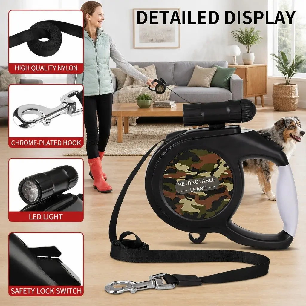 Pet Auto-Retractable Leash ABS Nylon 8 Metres Green Camo