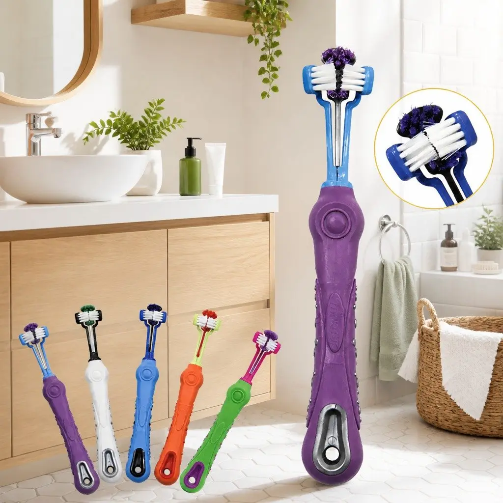 Three-Head Toothbrush PP TPR Nylon Bristle 17cm Green