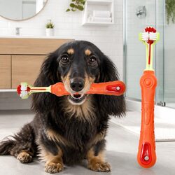 Three-Head Dog Cat Toothbrush Multi-Angle Oral Cleaning Pet Care Tool Orange