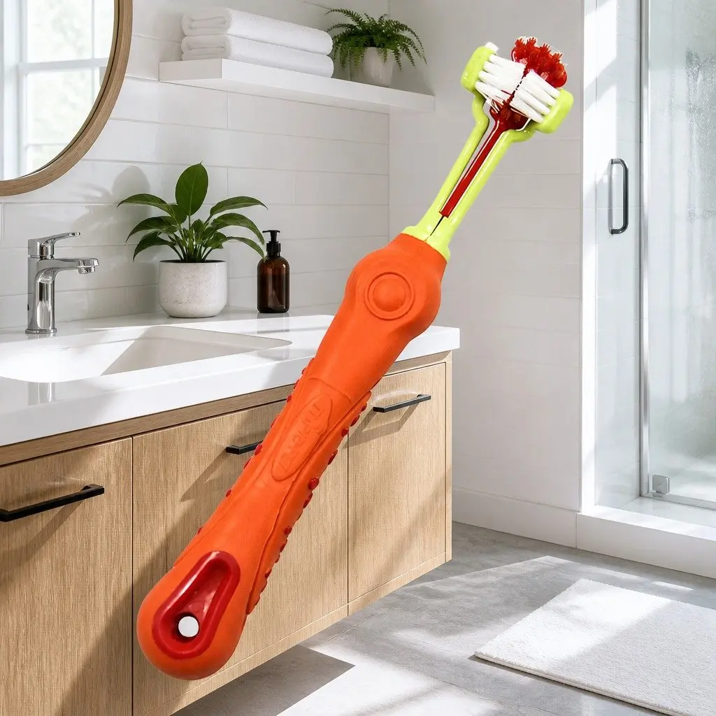 Three-Head Toothbrush PP TPR Nylon Bristle 17cm Orange