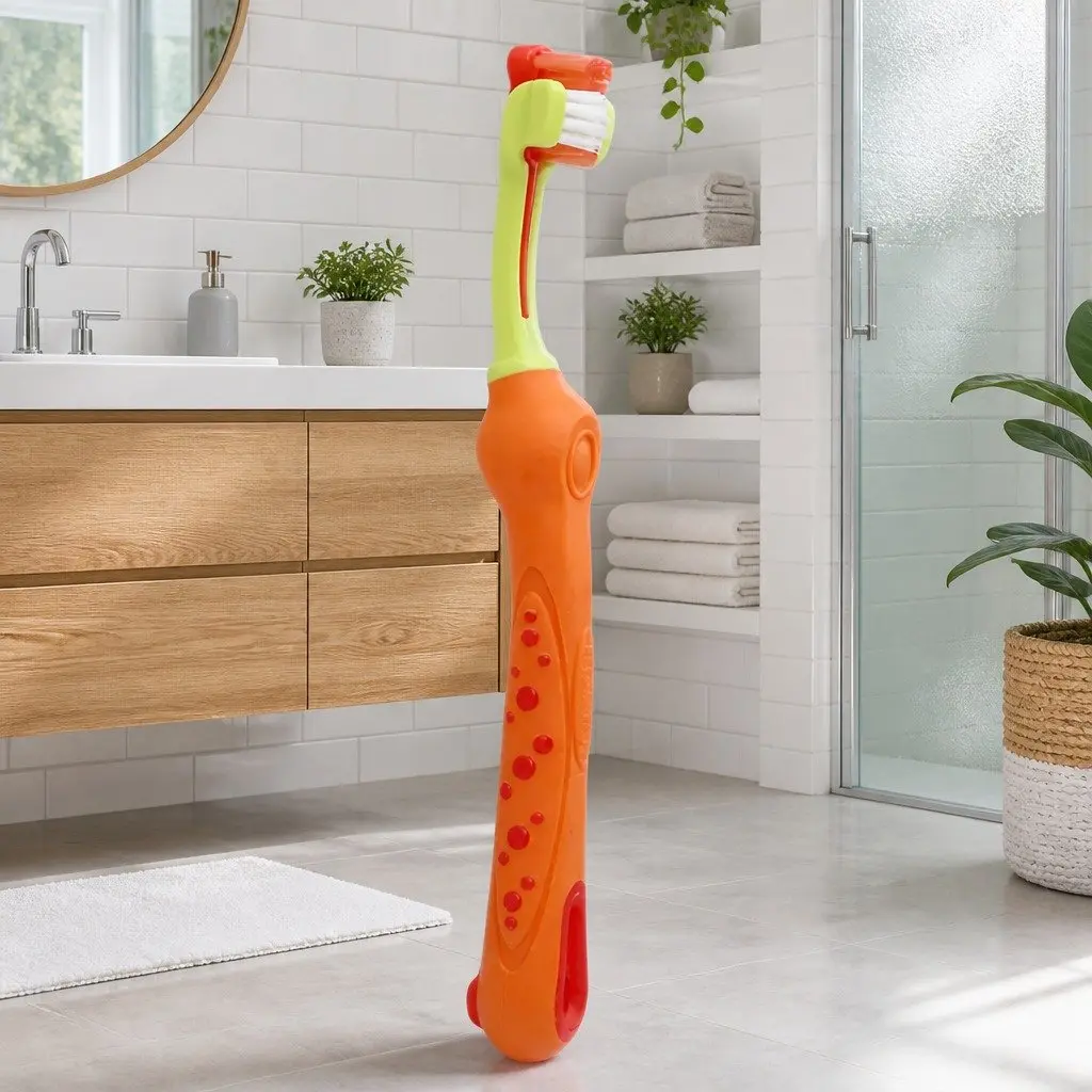 Three-Head Toothbrush PP TPR Nylon Bristle 17cm Orange