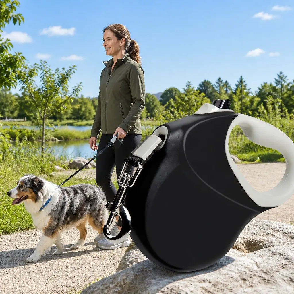 Heavy Duty Dog Traction Belt 8M Nylon Rope Automatic Expansion Lead Black