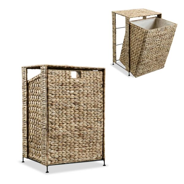 Aplusliving-Water Hyacinth Woven Laundry Basket Sturdy Metal Frame Removable Liner Brown