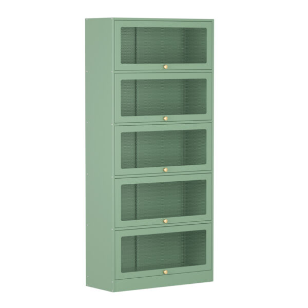 Aplusliving-Modern Green 5 Tier Metal Storage Sideboard Cabinet Mesh Doors 79x32x175cm