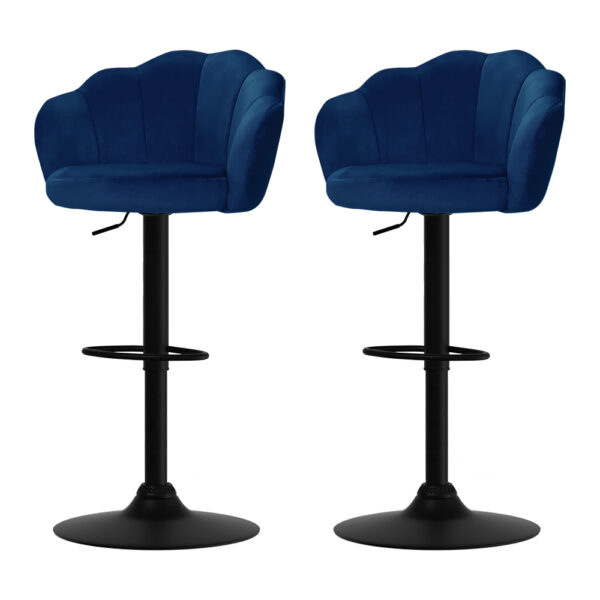 Aplusliving-Luxurious Velvet Blue Bar Stools 2pc Adjustable Swivel Gas Lift Clam Shell Desig