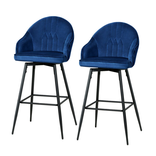 Aplusliving-Elegant Blue Velvet Bar Stools 360 Swivel Soft Padded Metal Legs Set of 2