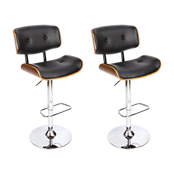 Aplusliving-2x Adjustable Swivel Bar Stools Wooden Frame Leather Seat Chrome Base Black