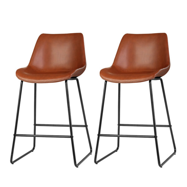 Aplusliving-2x Elegant Brown Leather Bar Stools 70cm Seat Height with Metal Frame