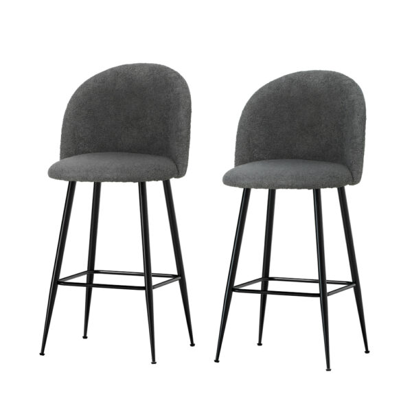 Aplusliving-Luxury Sherpa Fabric Bar Stools 2x Padded Winged Back Metal Legs Charcoal 66cm