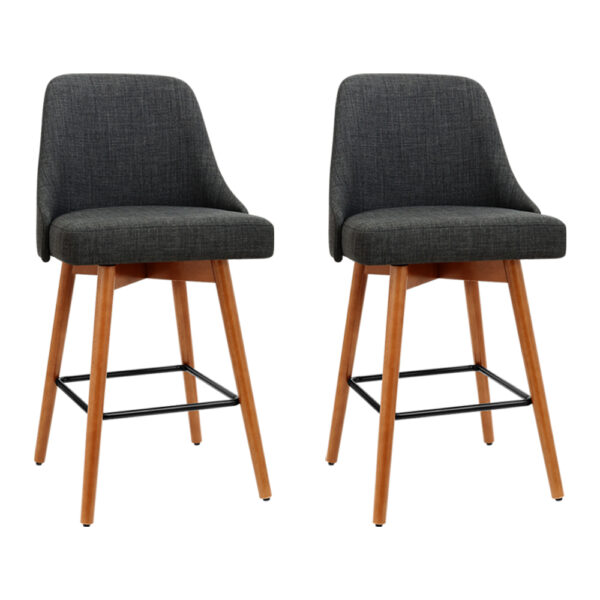 Aplusliving-2x Wooden Swivel Bar Stools Charcoal Linen Padded Seat Metal Footrest 65cm