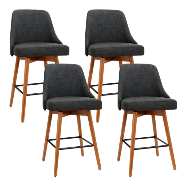 Aplusliving-4x Wooden Swivel Bar Stools Charcoal Linen Padded Seat Metal Footrest 65cm