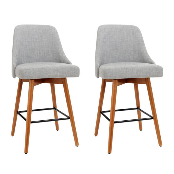 Aplusliving-2x Wooden Swivel Bar Stools Mid Backrest Grey Linen Seat 65cm Kitchen Chairs