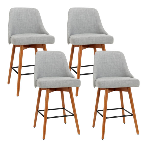 Aplusliving-4x Wooden Swivel Bar Stools Mid Backrest Grey Linen Seat 65cm Kitchen Chairs