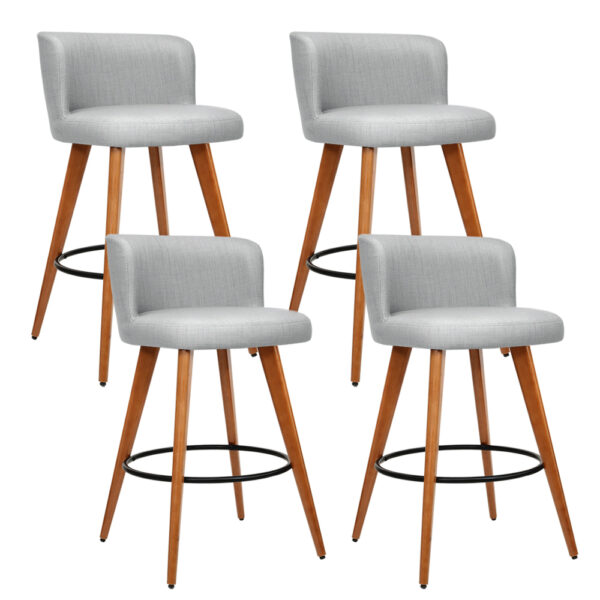 Aplusliving-Set of 4 Grey Linen Padded Wooden Bar Stools with Backrest & Footrest