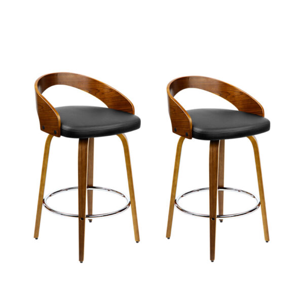 Aplusliving-2x Walnut Wooden Swivel Bar Stools with Backrest Black PU Leather Seat Chrome