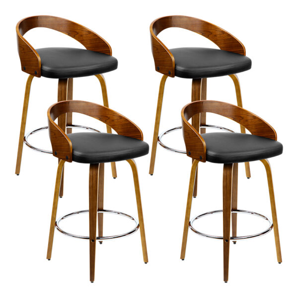 Aplusliving-4x Walnut Wooden Swivel Bar Stools with Backrest Black PU Leather Seat 80cm