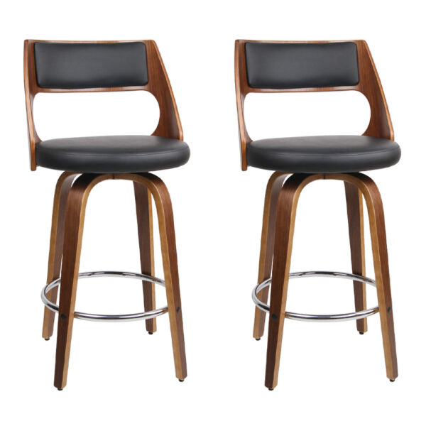 Aplusliving-2 Modern Swivel Bar Stools Walnut Finish PU Leather Padded Seat Black 92cm