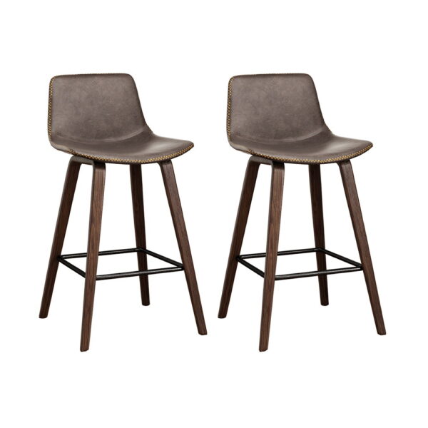 Aplusliving-2x Vintage Leather Bar Stools Walnut Finish Wooden Legs Padded Seat Footrest