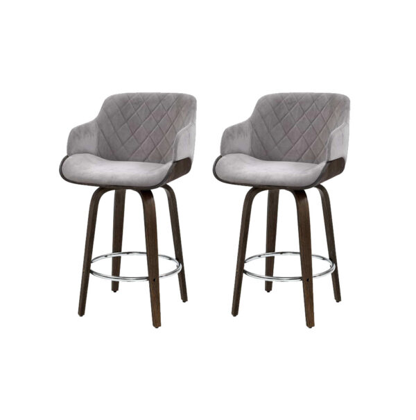 Aplusliving-2x Velvet Swivel Bar Stools Padded Wooden 360° Rotatable Chrome Footrest Grey