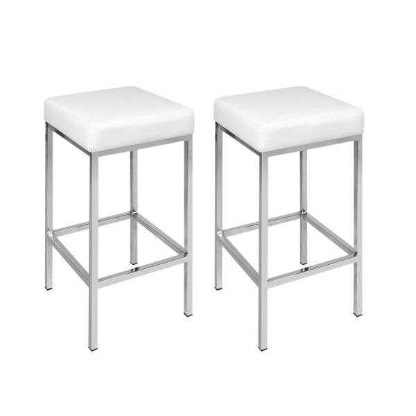 Aplusliving-2x White PU Leather Kitchen Bar Stools Chrome Legs Padded Seat Comfort Design