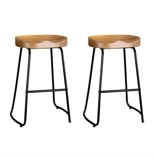 Aplusliving-2x Vintage Industrial Bar Stools Wooden Elm Seat Metal 65cm Retro Kitchen Chair