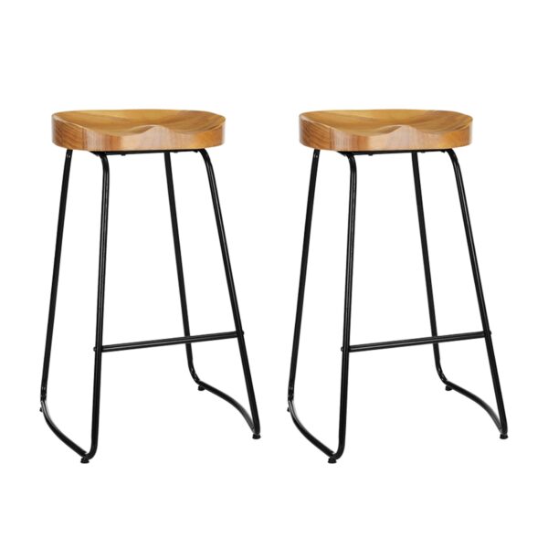 Aplusliving-Modern Industrial Elm Wood Bar Stools 75cm Set of 2 Steel Frame Anti Slip