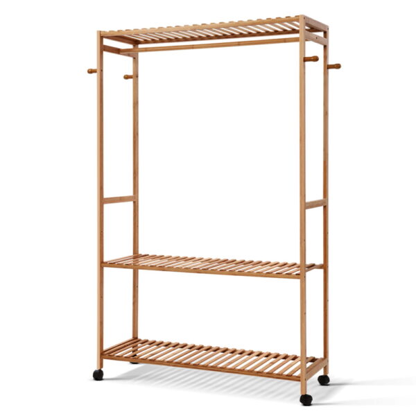 Aplusliving-Bamboo Clothes Rack 2 Tier Shelves with Hooks Adjustable Storage Wheels 165cm