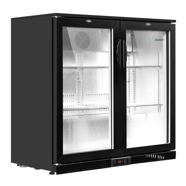 Aplusliving-198L Commercial Bar Fridge Dual Glass Door LED Light Adjustable Shelves Black