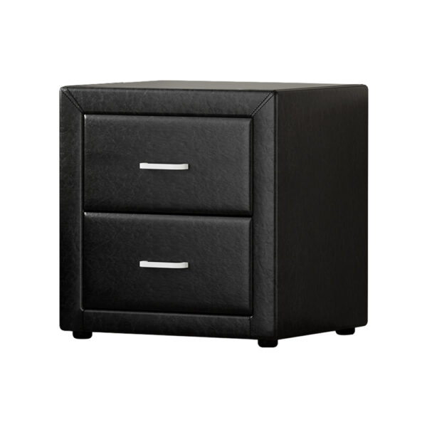 Aplusliving-Modern Black 2 Drawer Bedside Table PU Leather Storage Nightstand