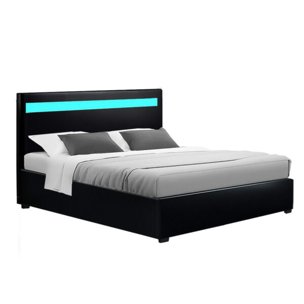 Aplusliving-Double Size LED Bed Frame Gas Lift Storage Black Padded Headboard 300kg Cap