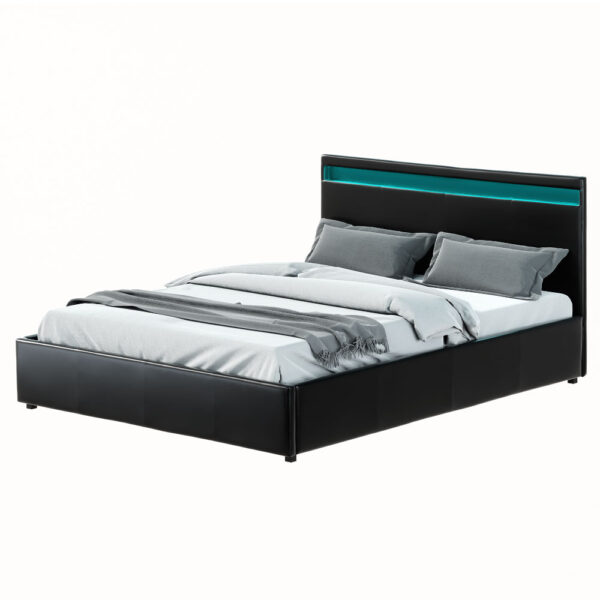 Aplusliving-Queen LED Bed Frame Gas Lift Storage Black Padded Headboard 300kg Capacity