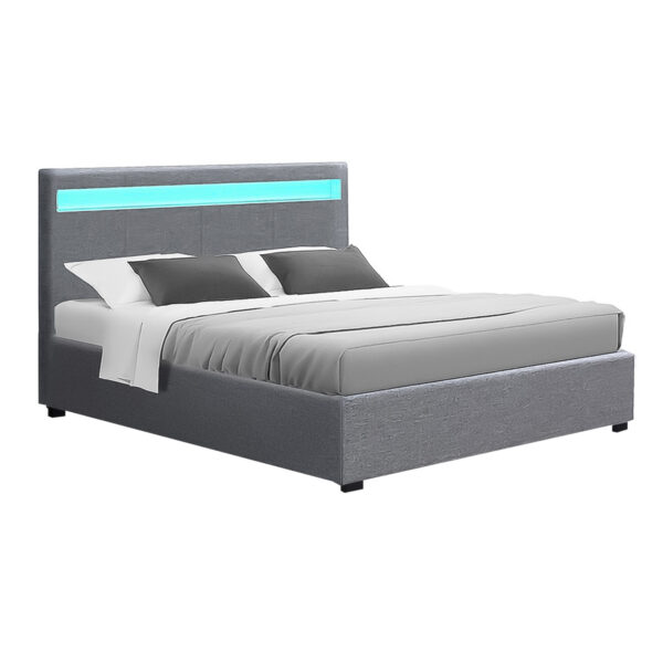 Aplusliving-Queen Size LED Gas Lift Storage Bed Frame Grey Padded Headboard 300kg Cap