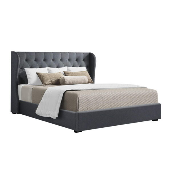 Aplusliving-King Size Gas Lift Storage Bed Frame Tufted Headboard Charcoal Fabric Wooden