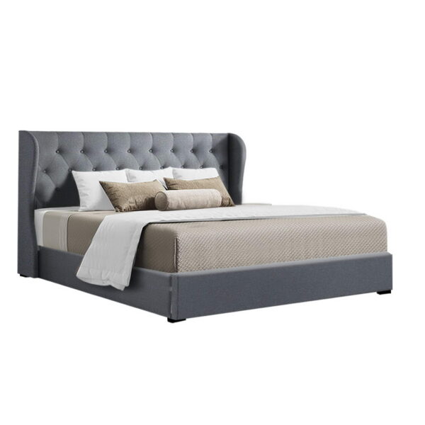 Aplusliving-King Size Gas Lift Storage Bed Frame Tufted Headboard Grey Linen & Wooden Slats