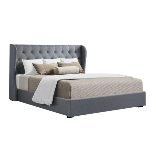 Aplusliving-Queen Size Gas Lift Storage Bed Frame Tufted Headboard Grey Linen 300kg Cap