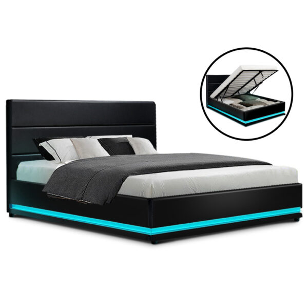 Aplusliving-Double Size LED Gas Lift Storage Bed Frame Black with 16 Colors Light Foam Padde