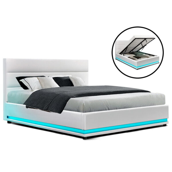 Aplusliving-Double Size Gas Lift Storage Bed Frame with LED Lights Padded White 300kg