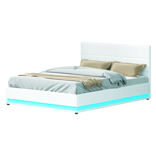 Aplusliving-Queen Size LED Gas Lift Storage Bed Frame White Padded Headboard 300kg Cap